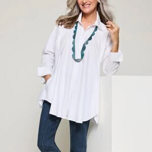 Planet by Lauren G Artist Smock Shirt White Lagenlook Tunic Pockets SZ L